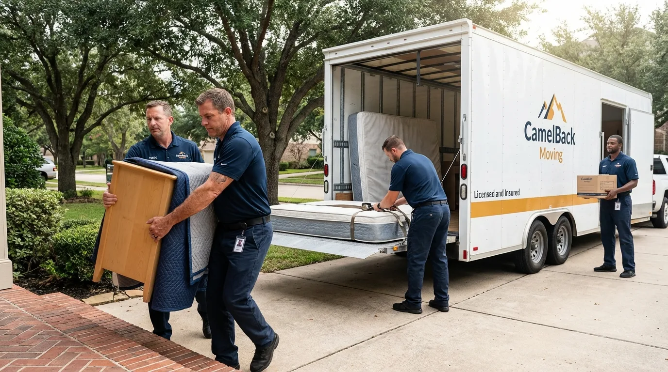 Crew loading residential truck for cross-state move from Danbury, TX