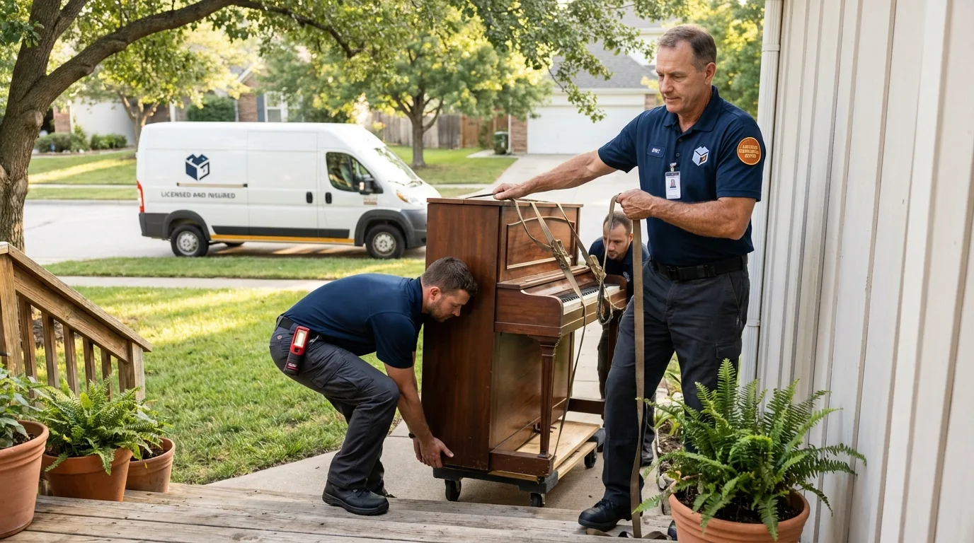 Licensed piano movers securing grand piano in Danbury, TX