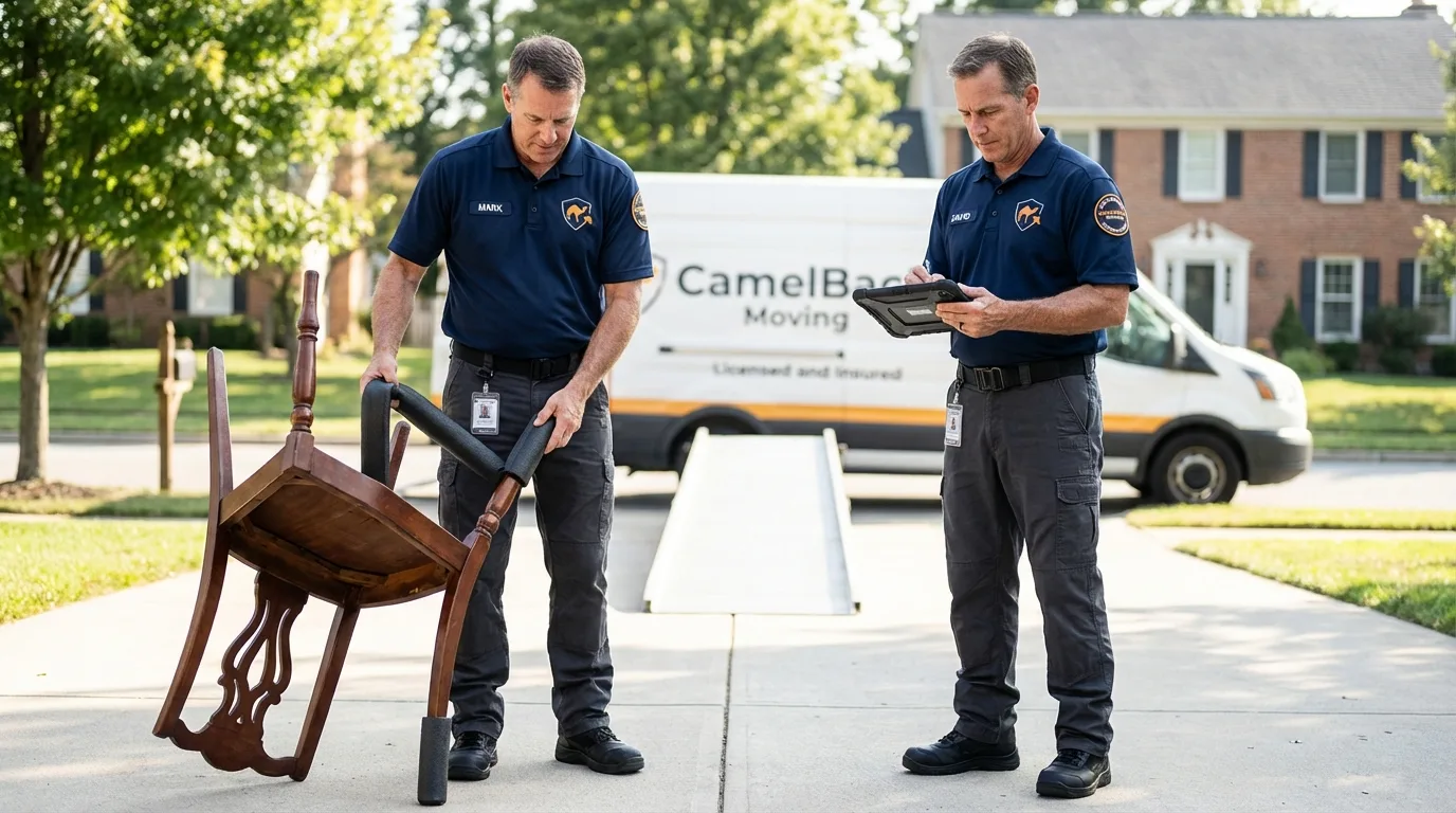 Movers inspecting furniture for damage prevention before loading in Danbury, TX